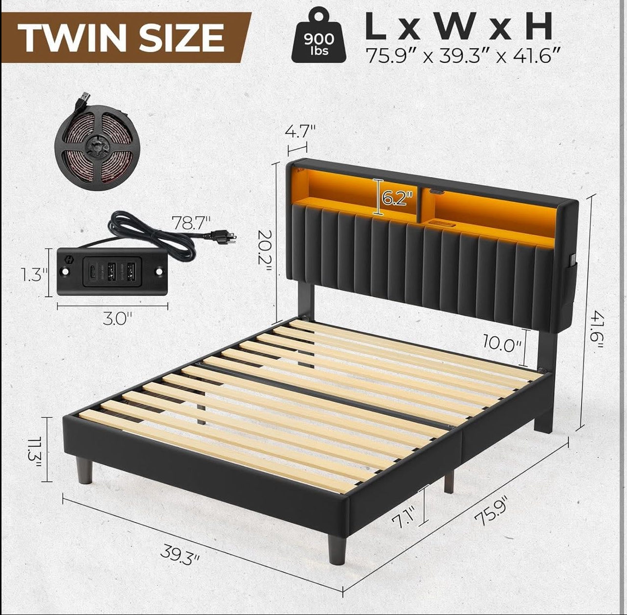 Seventable Twin Size Bed Frame with Charging Station