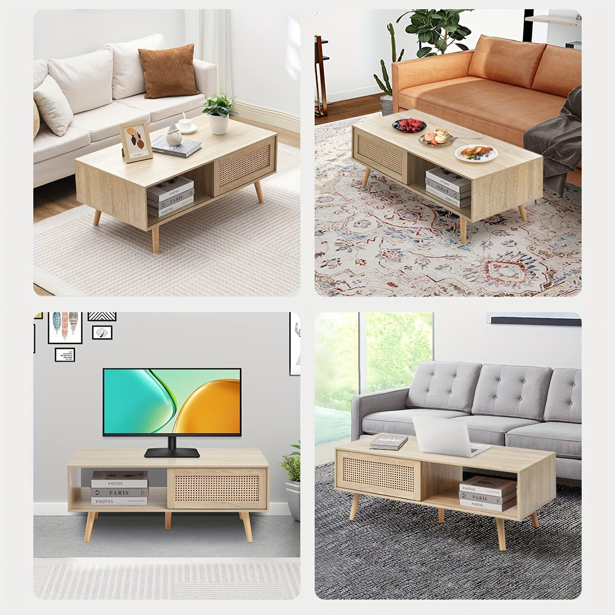 42” Modern Light Wood Coffee Table with Two-Tier Storage