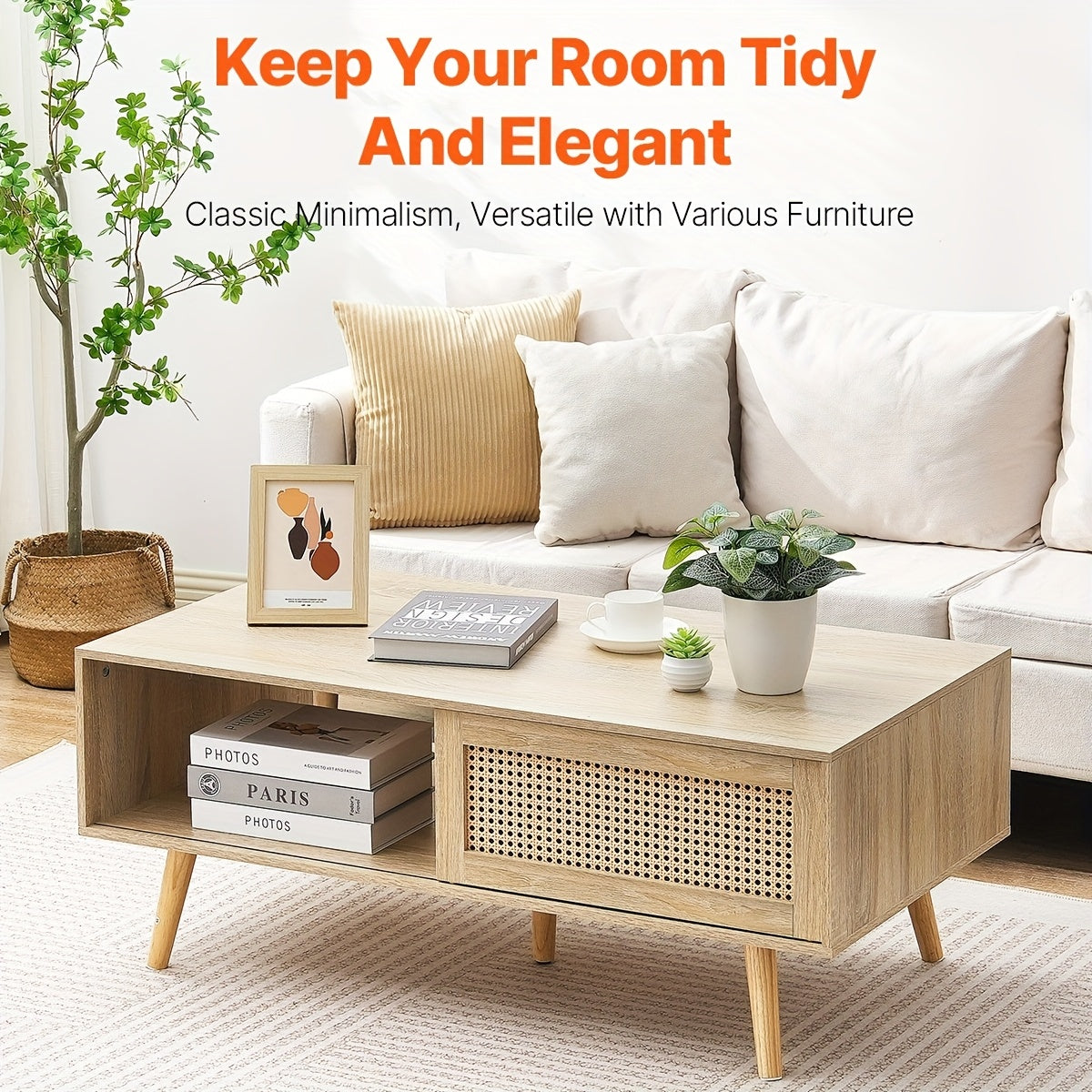 42” Modern Light Wood Coffee Table with Two-Tier Storage