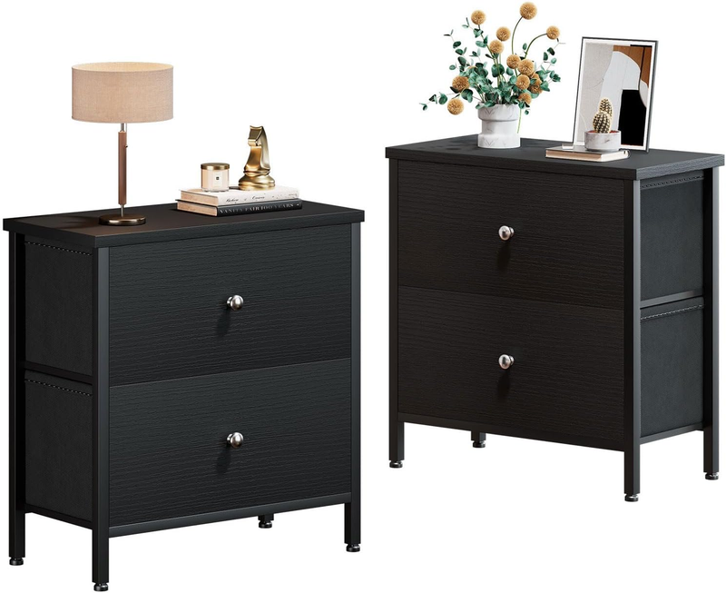 DUMOS Small Nightstand with 2 Fabric Drawers – Classic Black, 20" Tall