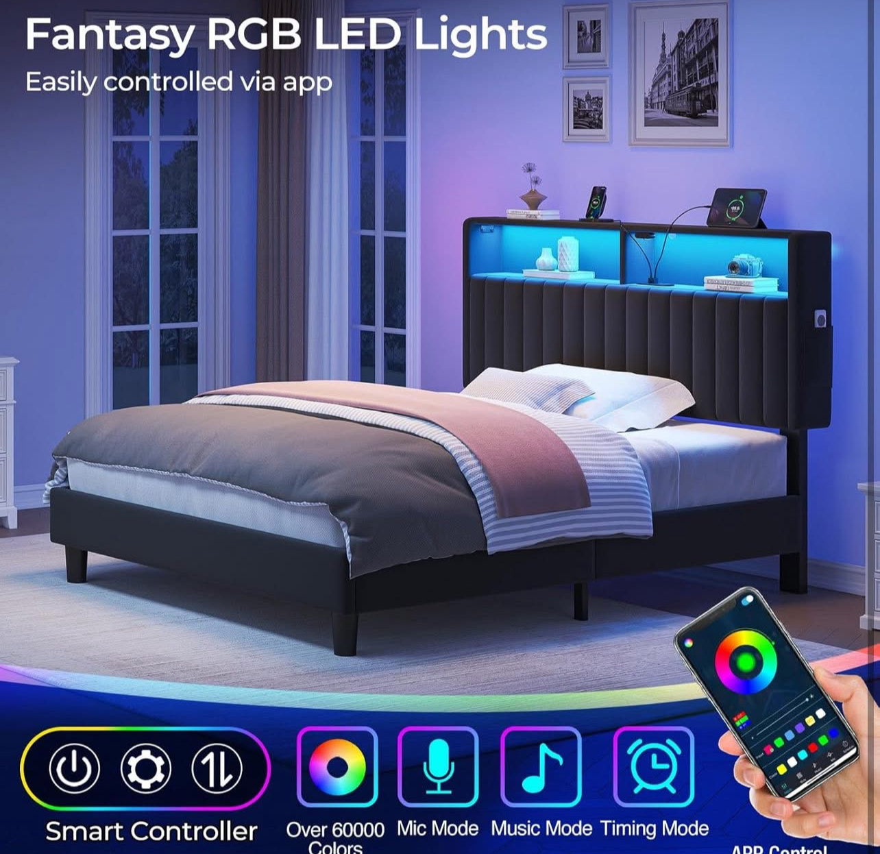 Seventable Twin Size Bed Frame with Charging Station