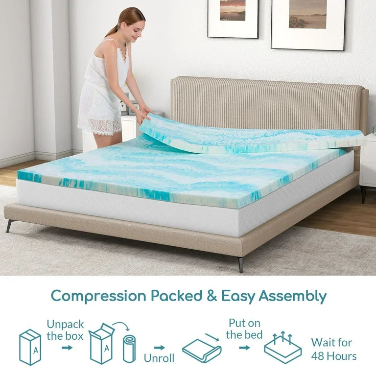2'' Gel-Infused Memory Foam Mattress Topper – Queen, Blue
