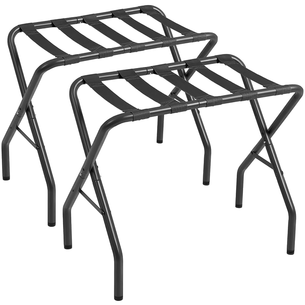 King's Brand Furniture-Black Metal Foldable Luggage Rack Stand with Nylon Belts