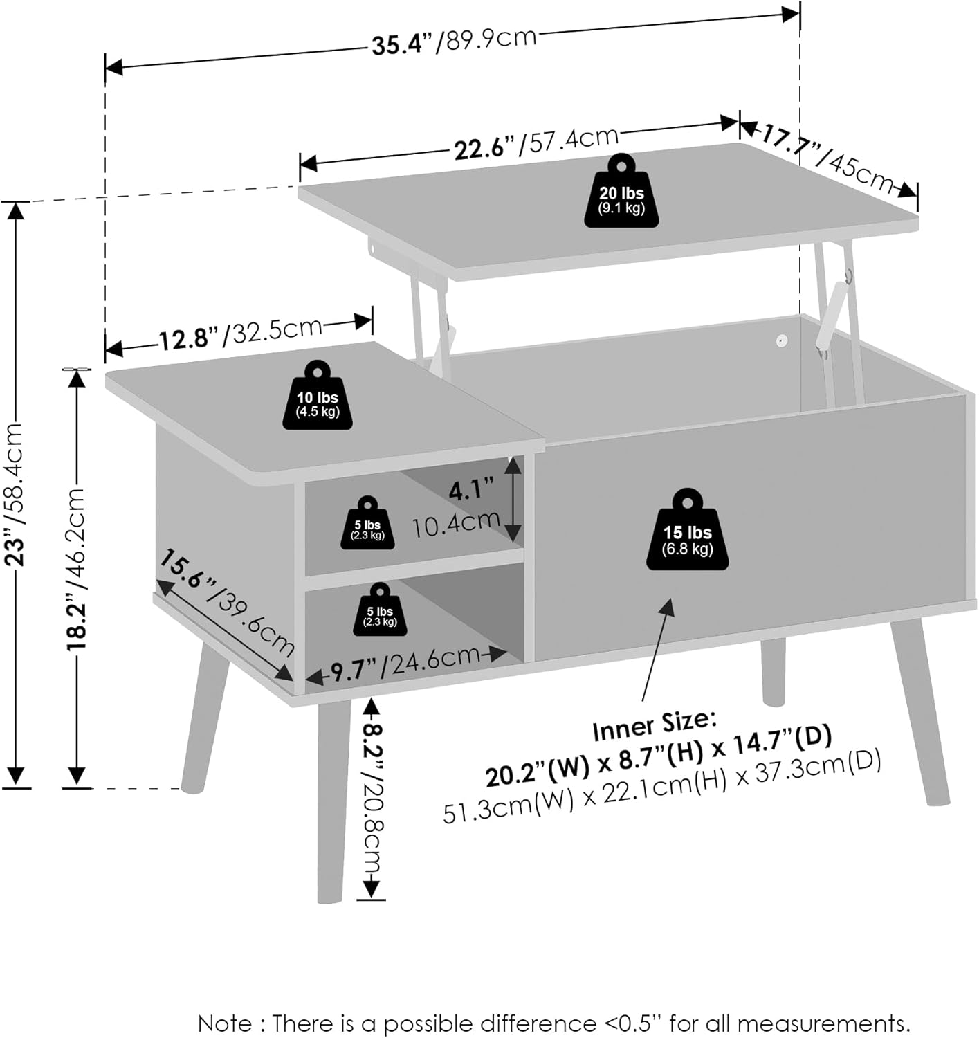Furinno Jensen Living Room Wooden Leg Lift Top Coffee Table