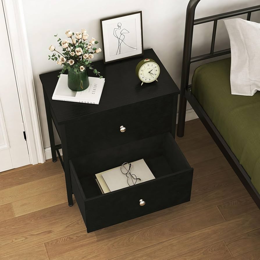 DUMOS Small Nightstand with 2 Fabric Drawers – Classic Black, 20" Tall