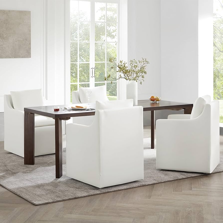 KISLOT Upholstered Barrel Arm Dining Chair with Casters – No Assembly, Milk White