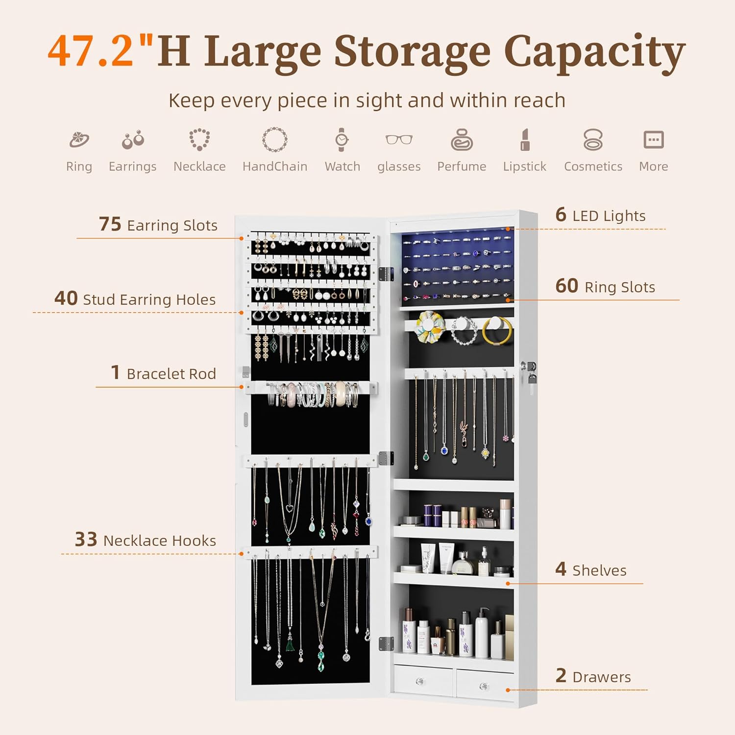 Elevon 6 LEDs Mirror Jewelry Cabinet Organizer