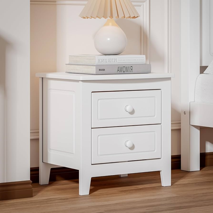 DUMOS Small Nightstand with 2 Fabric Drawers – White, 20" Tall