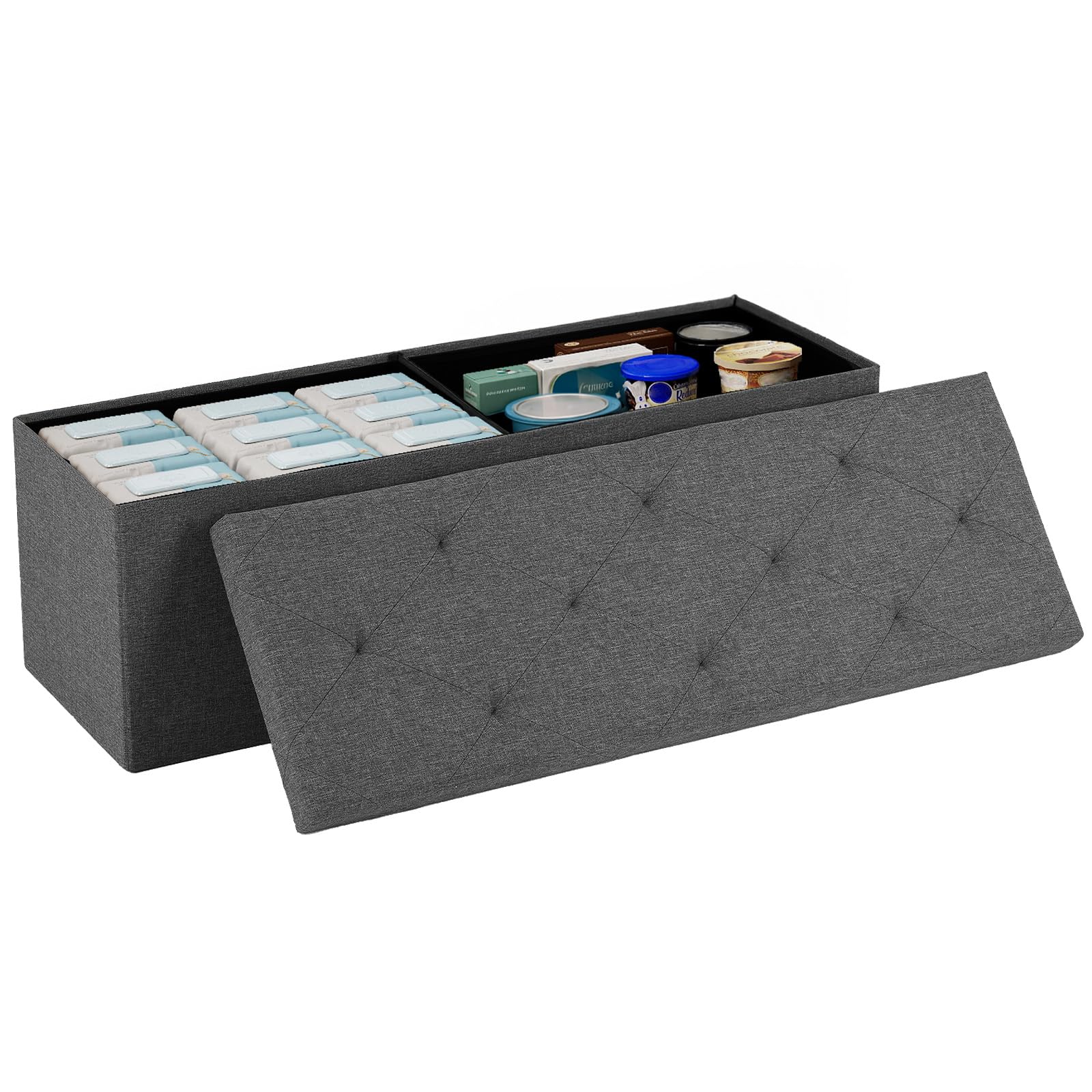 Sweetcrispy 43'' Foldable Storage Ottoman – Grey Linen, 154L