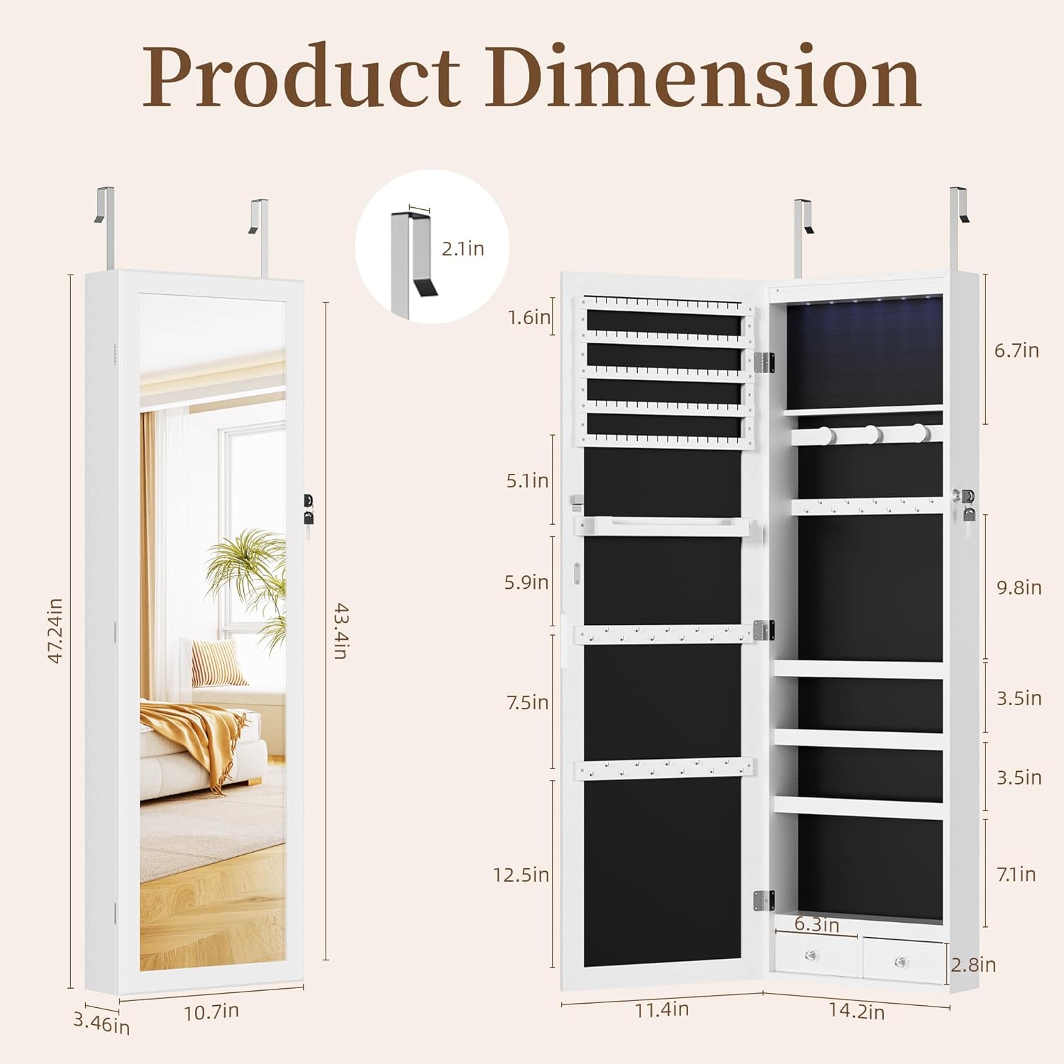 Elevon 6 LEDs Mirror Jewelry Cabinet Organizer