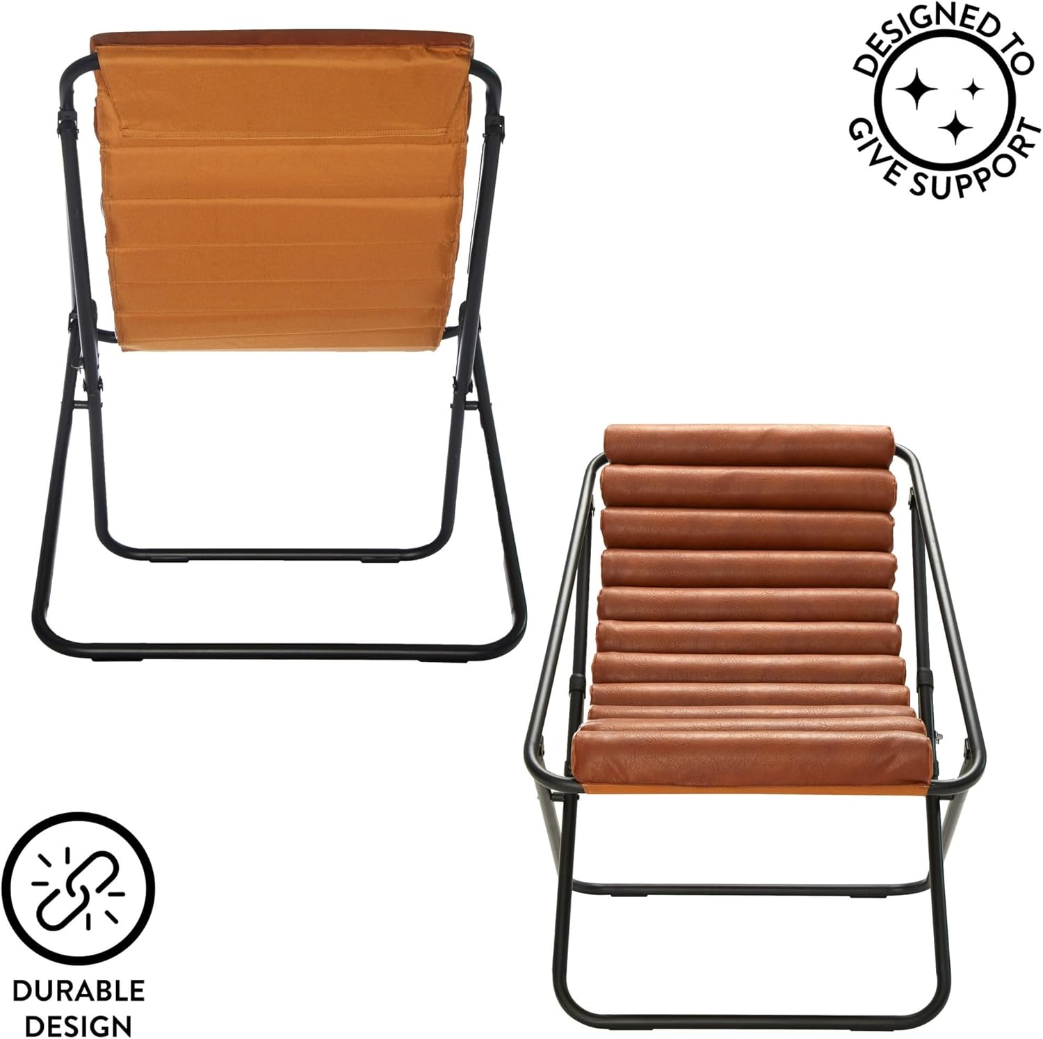 Urban Lifestyle Vegan Leather Ribbed Folding Sling Lounge Chair with Metal Frame