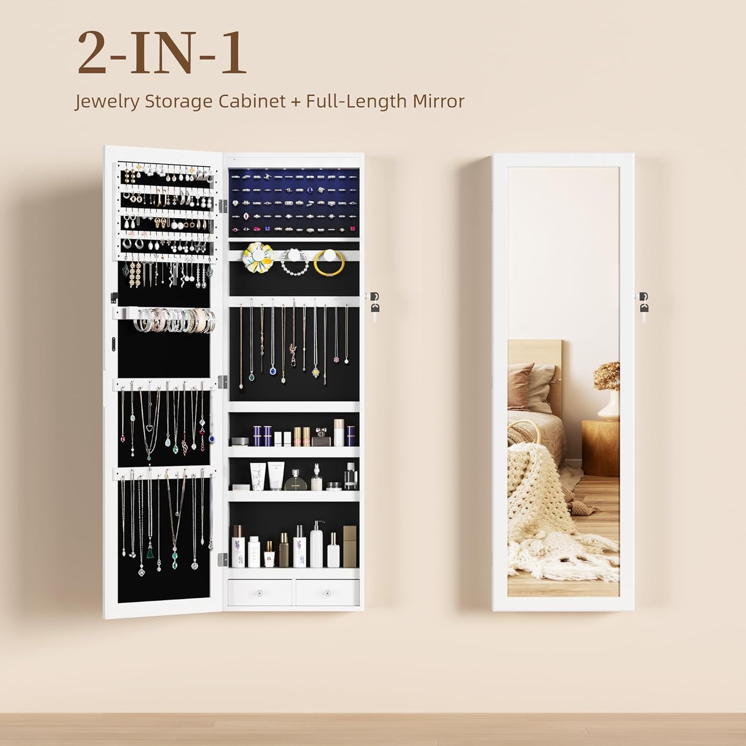 Elevon 6 LEDs Mirror Jewelry Cabinet Organizer