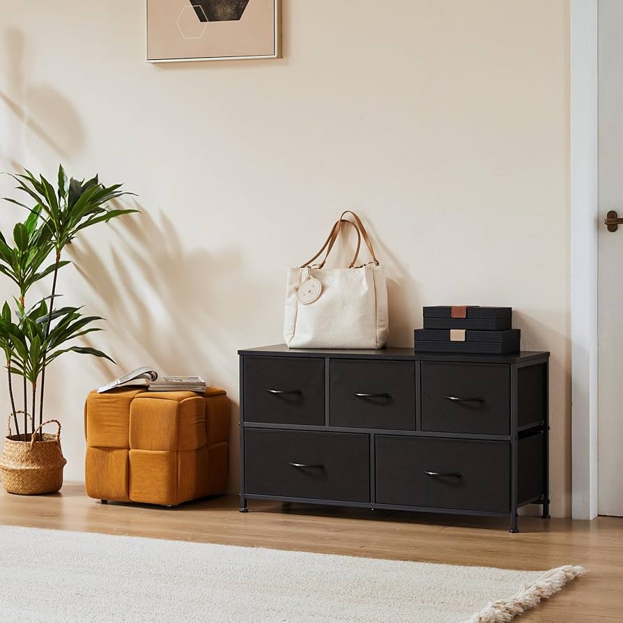 OLIXIS 5-Drawer Fabric Dresser – Black Metal & Wood