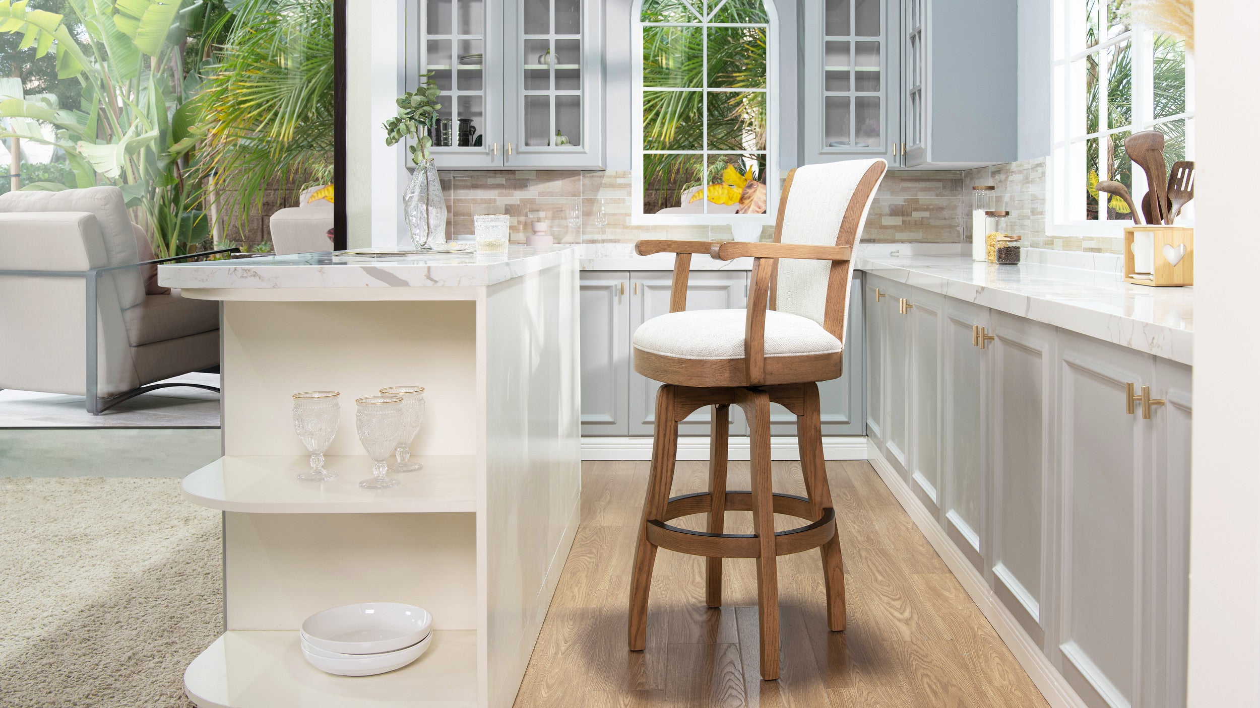 Jennifer Taylor Sybil 31” Bar Stool with Armrests & Swivel, White Pepper