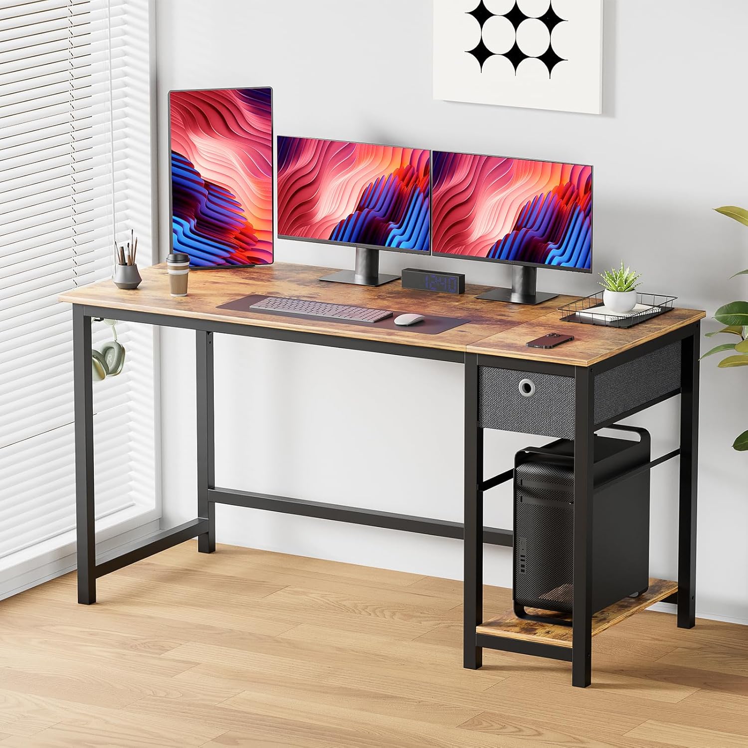 Sweetcrispy 40'' Small Computer Desk – Rustic Brown with Hooks & Storage