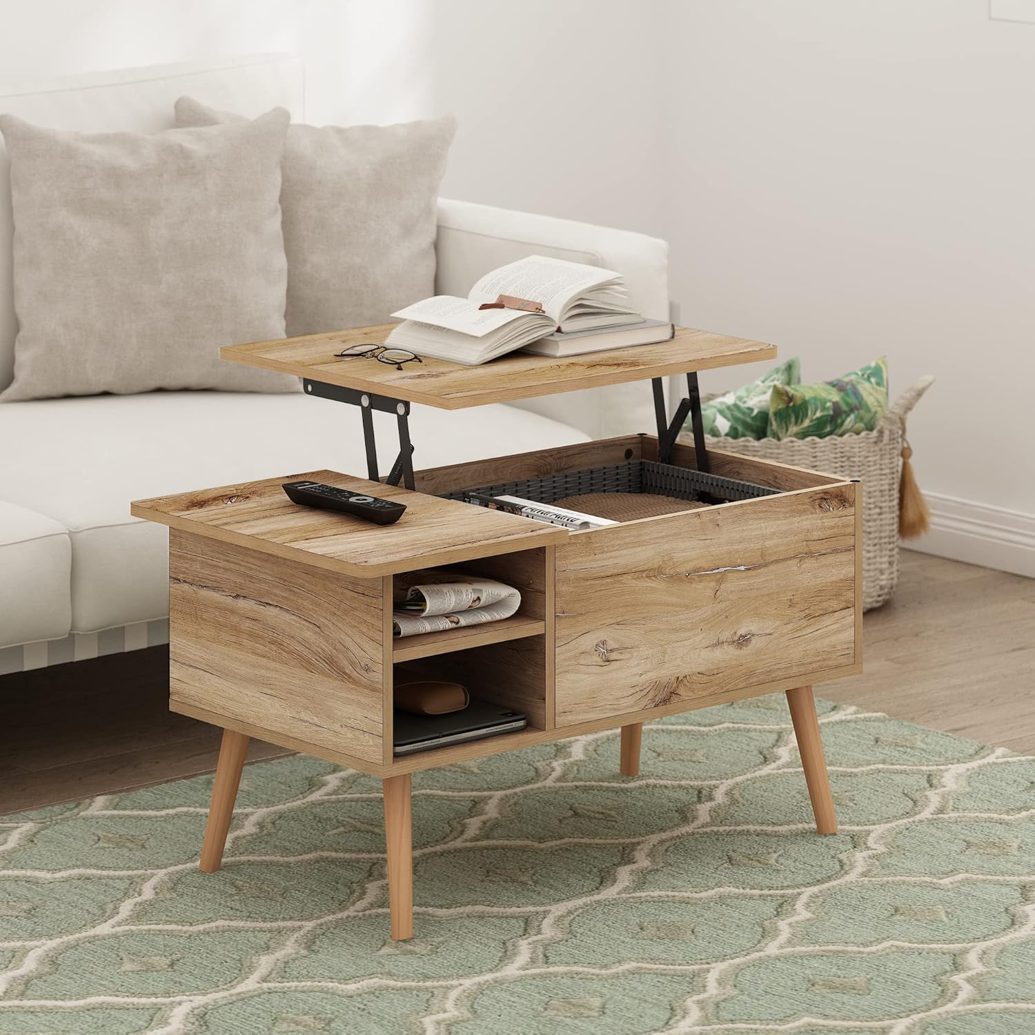 Furinno Jensen Living Room Wooden Leg Lift Top Coffee Table