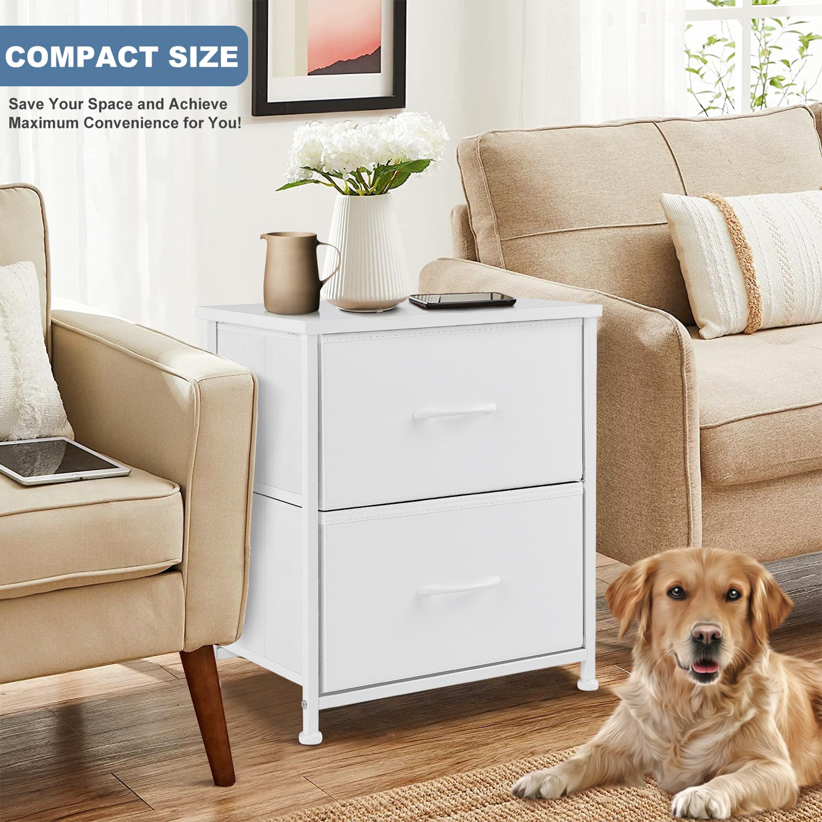 DUMOS Small Nightstand with 2 Fabric Drawers – White, 20" Tall