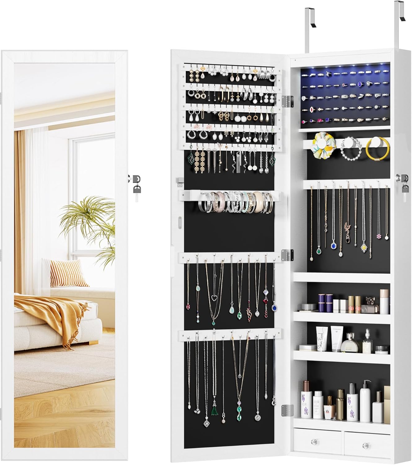 Elevon 6 LEDs Mirror Jewelry Cabinet Organizer