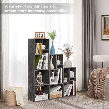 VECELO 3-Tier Small Bookcase – Grey, Floor Standing