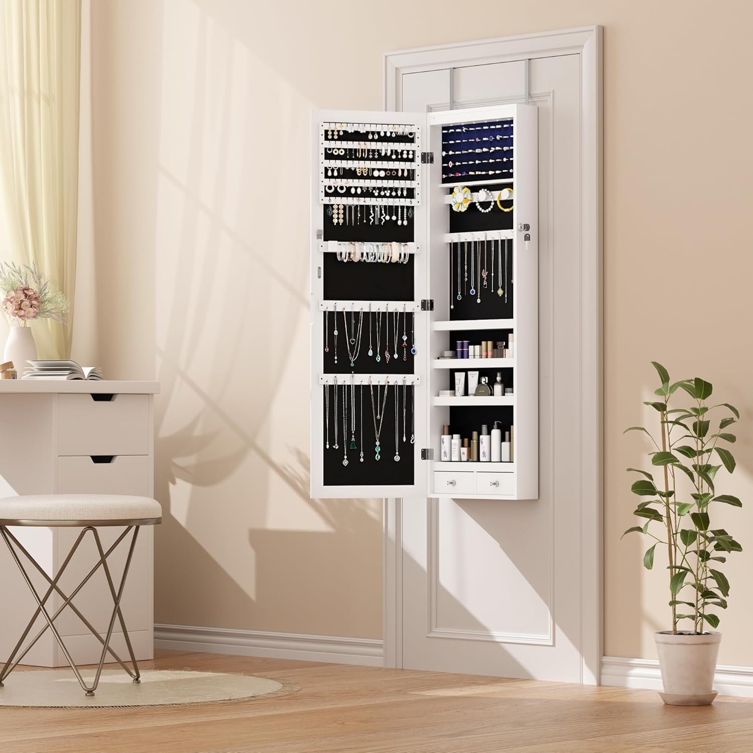 Elevon 6 LEDs Mirror Jewelry Cabinet Organizer