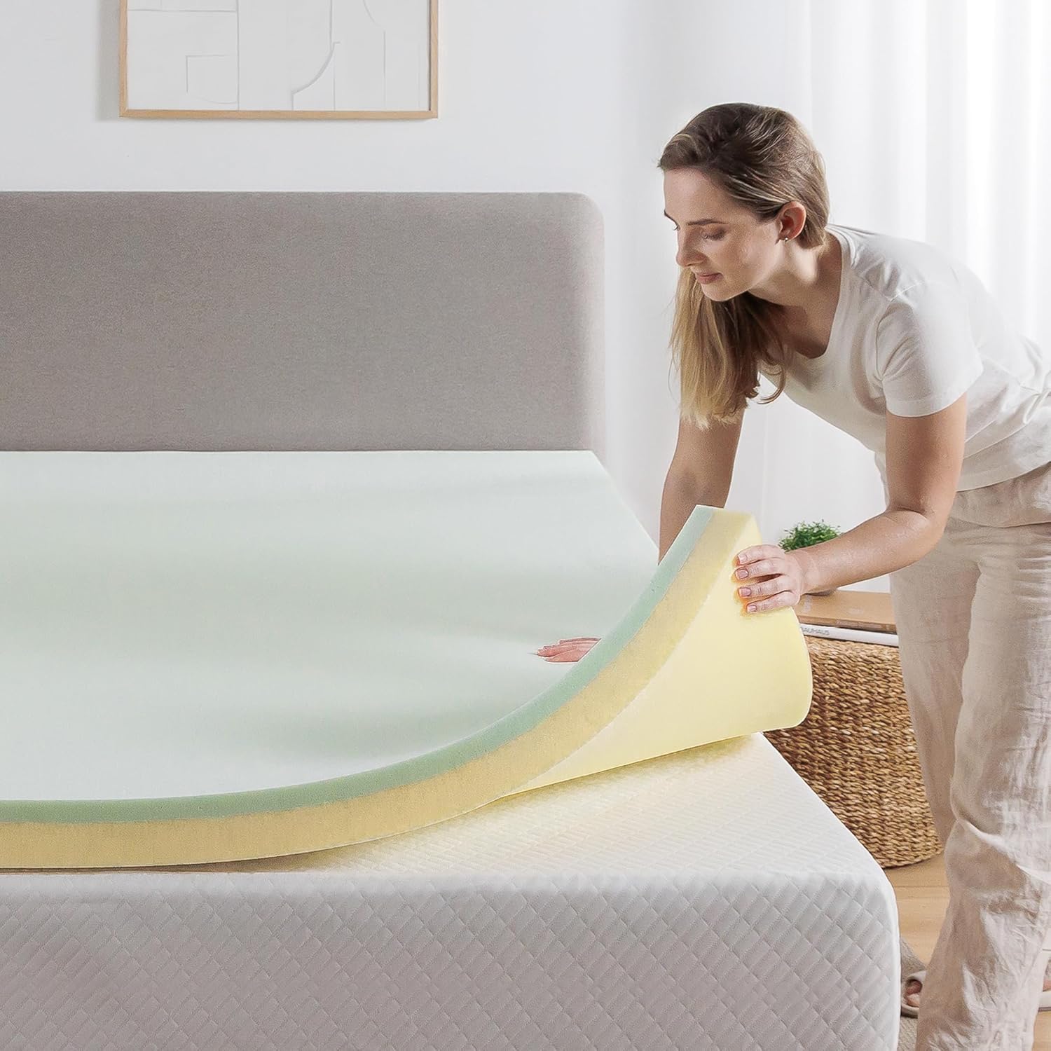 INUS 4 Inch Short Queen Green Tea Memory Foam Mattress Topper