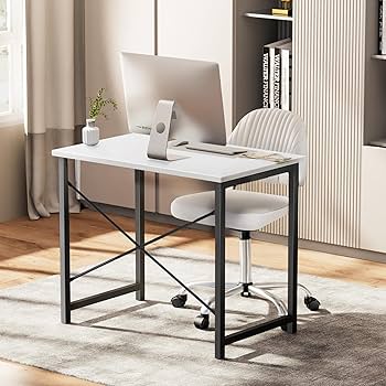 Sweetcrispy 32" Small Computer Desk – White, Metal Frame with Wood Tabletop