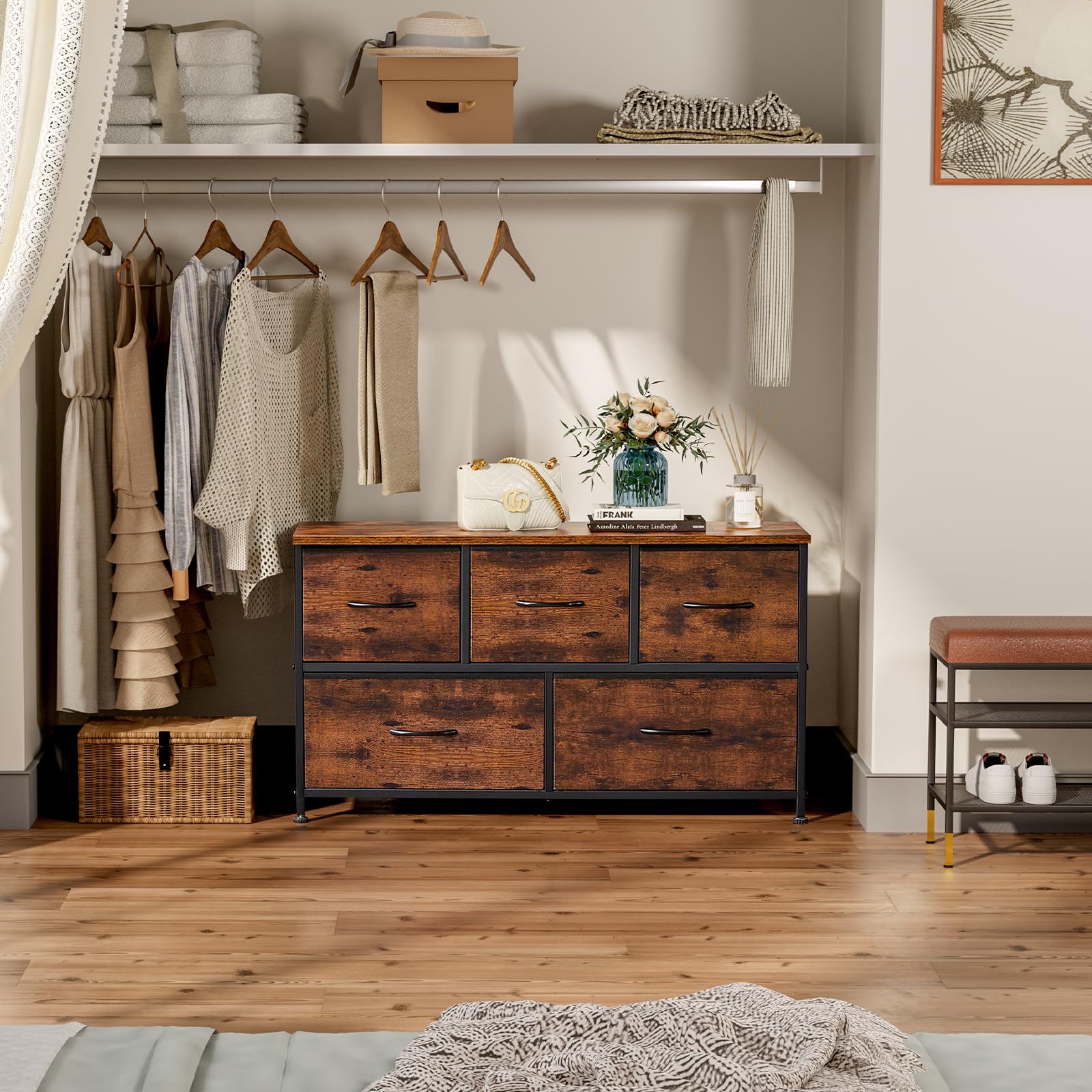 DUMOS 5-Drawer Fabric Dresser – Wood Top & Metal Frame
