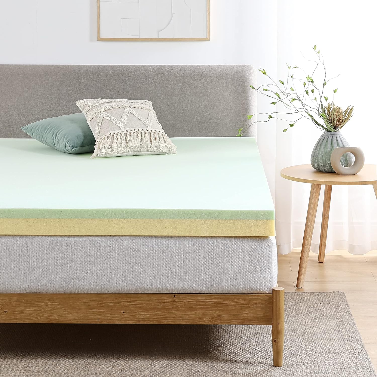 INUS 4 Inch Short Queen Green Tea Memory Foam Mattress Topper