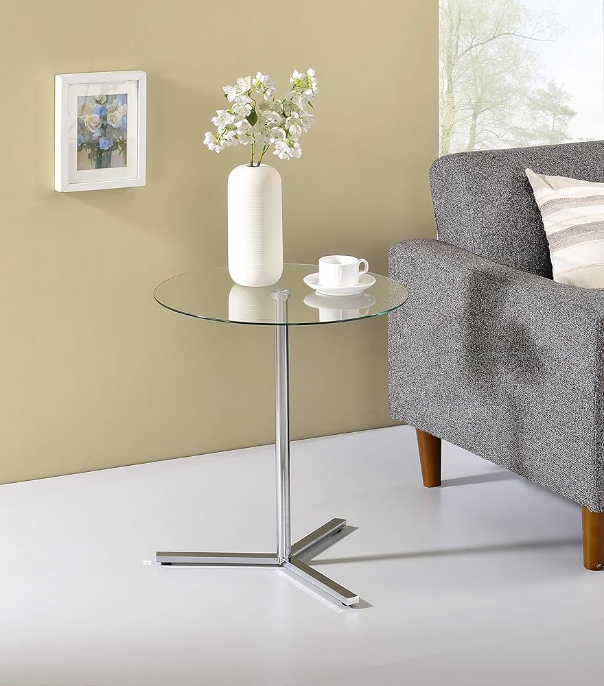 KB Designs - Modern 20" Round Accent Side End Table, Chrome Metal/Glass