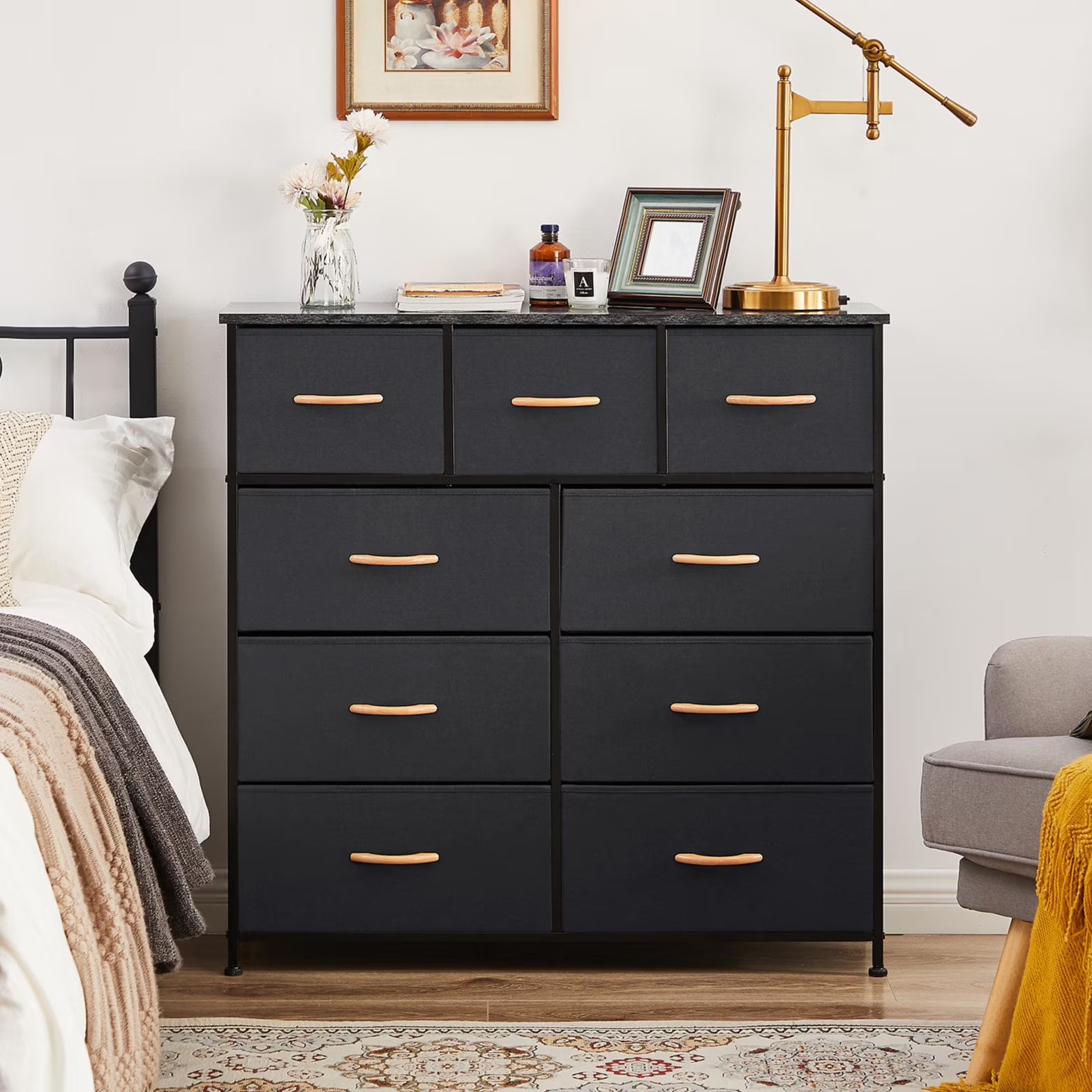OLIXIS 5-Drawer Fabric Dresser – Classic Black