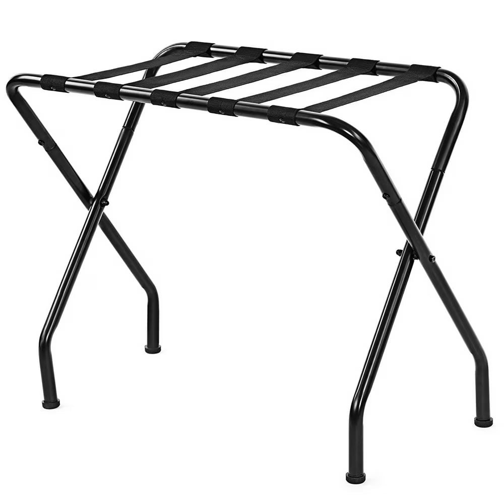 King's Brand Furniture-Black Metal Foldable Luggage Rack Stand with Nylon Belts