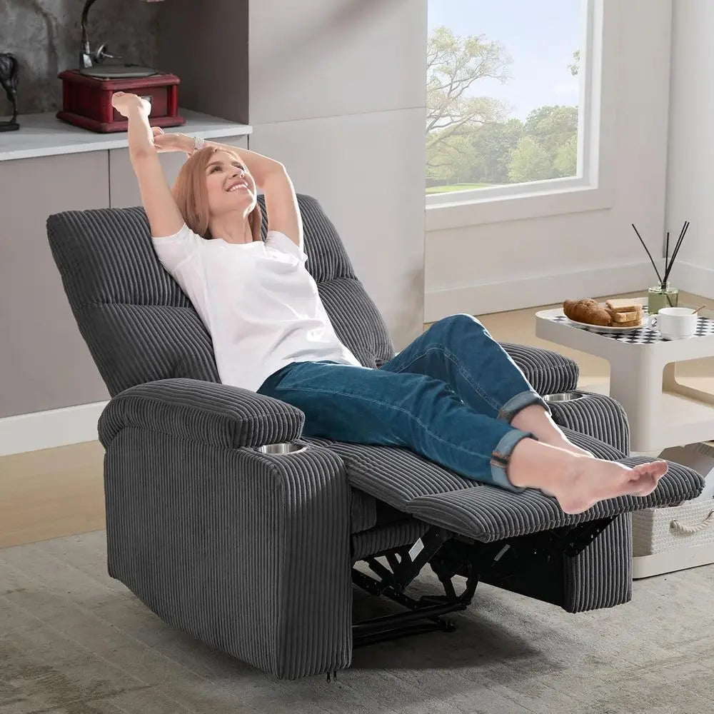 Oversized Grey Corduroy Recliner Chair with Pull Ring