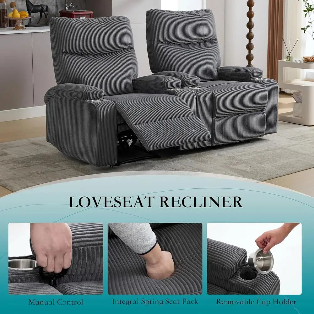 Oversized Grey Corduroy Recliner Chair with Pull Ring