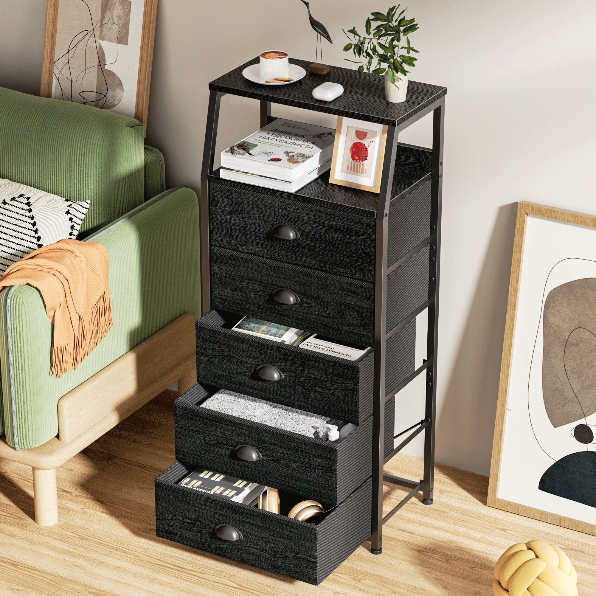 DWVO 4-Drawer Fabric Dresser – Steel Frame & Wooden Top