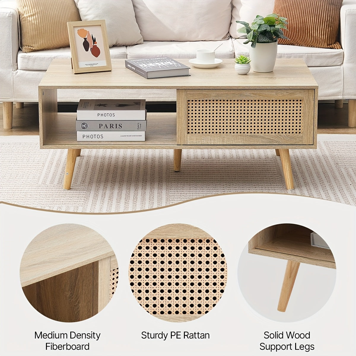 42” Modern Light Wood Coffee Table with Two-Tier Storage