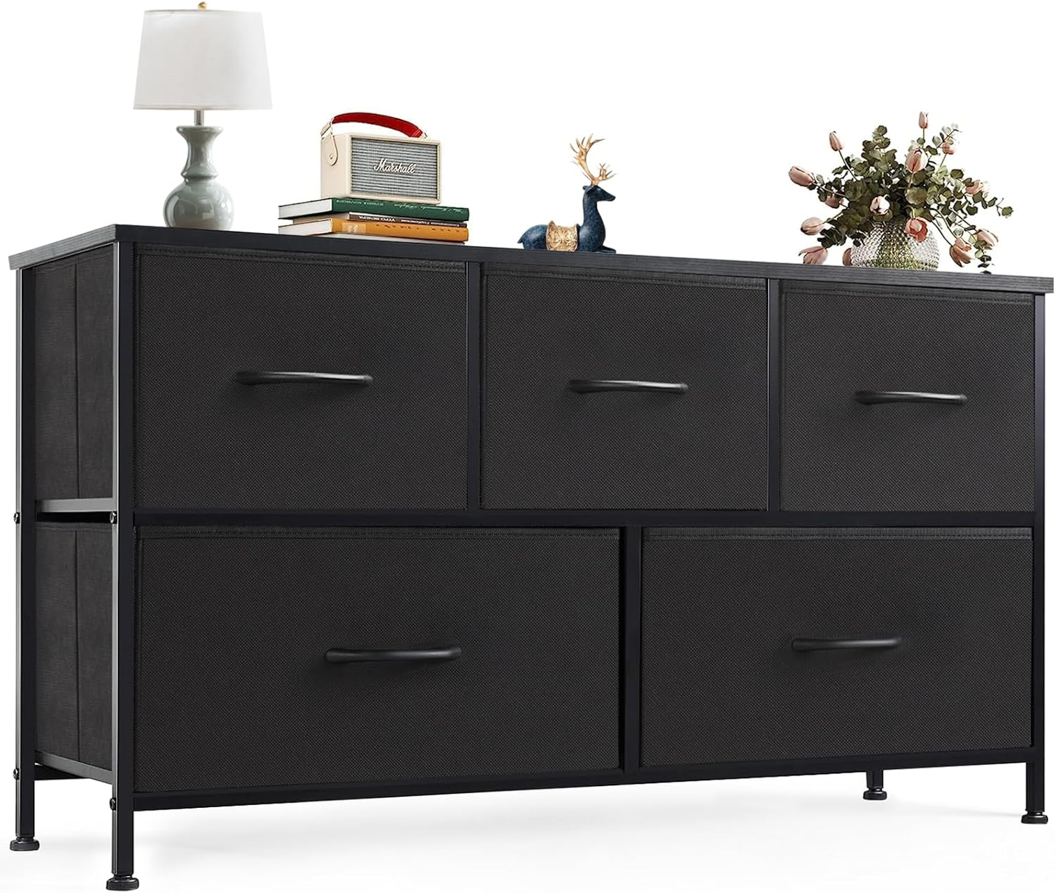 OLIXIS 5-Drawer Fabric Dresser – Classic Black