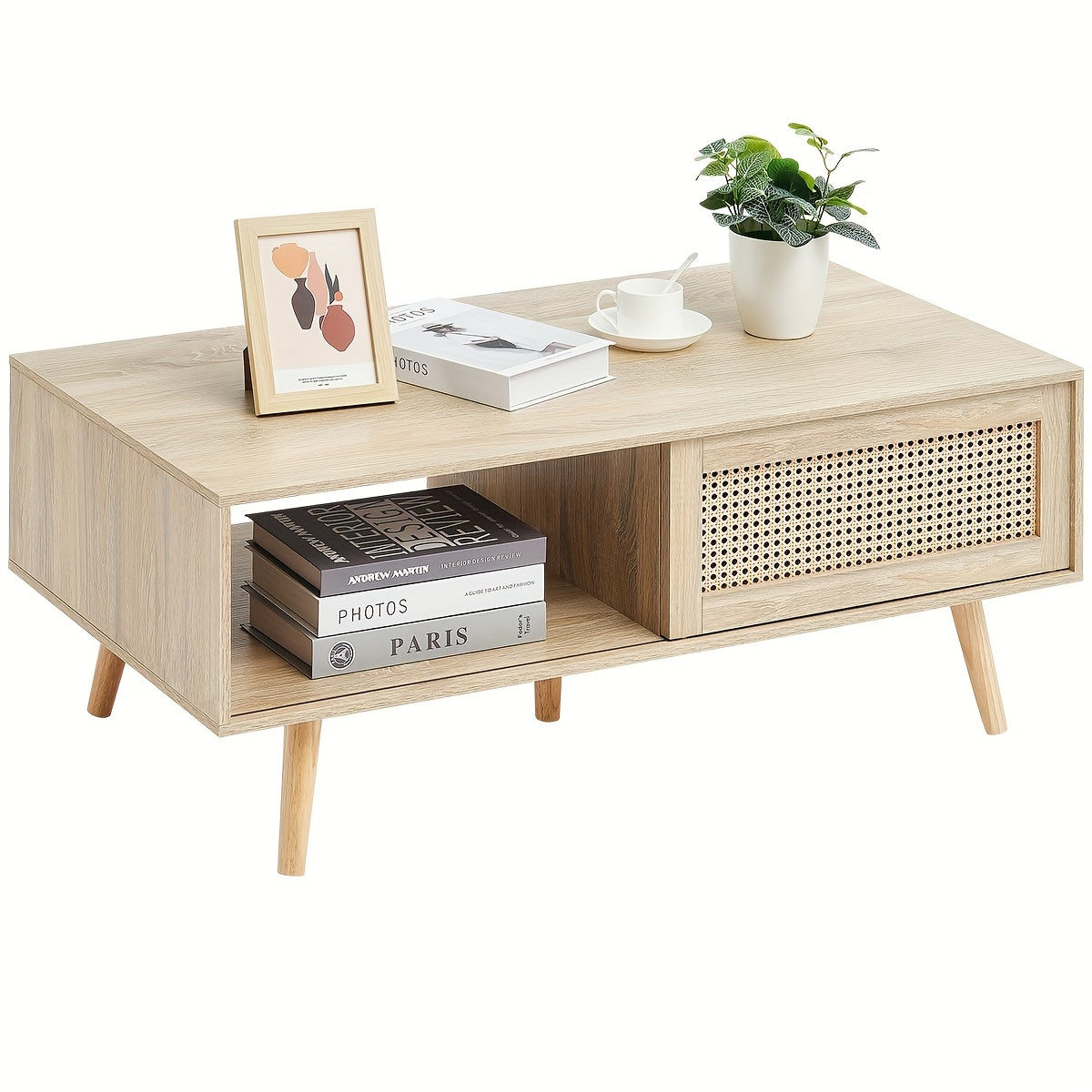 42” Modern Light Wood Coffee Table with Two-Tier Storage