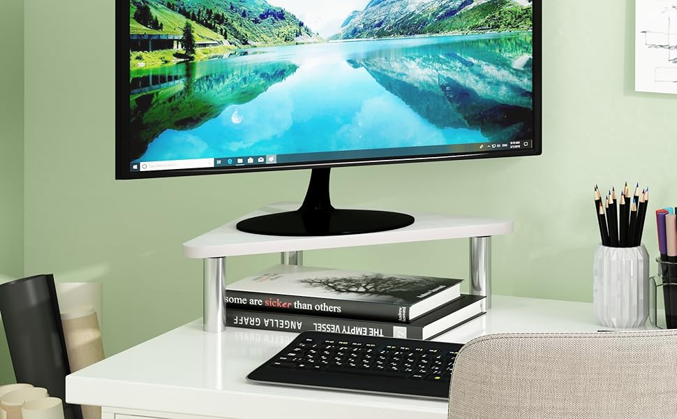 Furinno Turn-N-Tube Monitor Riser Stand, White Oak, Stainless Steel Tubes